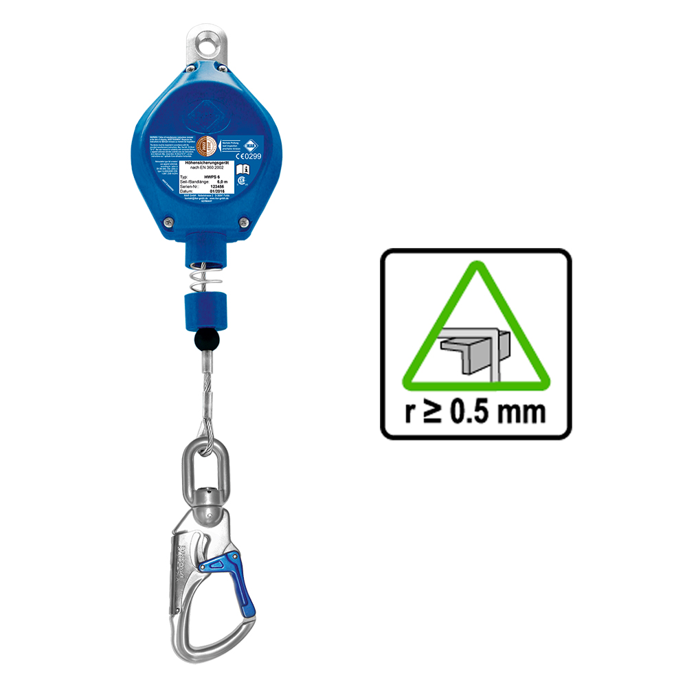 Enrollador retráctil de cable 6m con pictograma que demuestra homologación para uso en situación horizontal con caída sobre canto de radio hasta o,5mm.