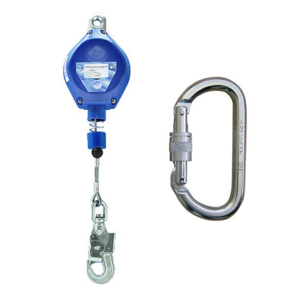 Enrollador anticaídas retráctil de cable 6m con mosquetón adicional para anclaje al arnés de seguridad