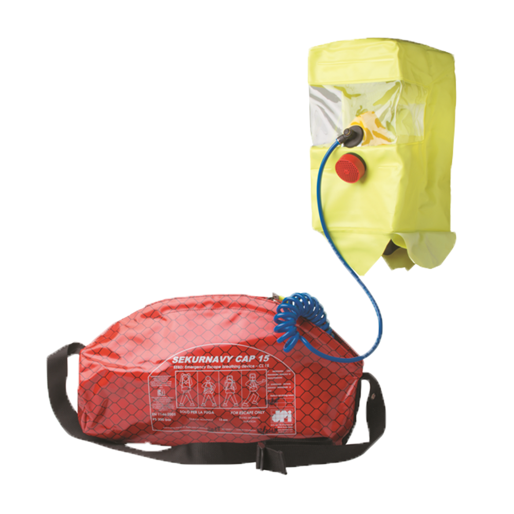 ERA Equipo de respiración de escape. Bolsa con capucha y botella para 15min de aire para evacuación de espacios confinados.