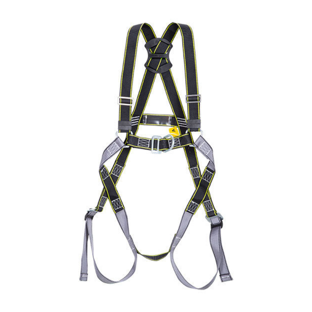 Arnés anticaídas básico de talla única con cintas regulables en hombros y muslos. incluye anclaje dorsal y pectoral.